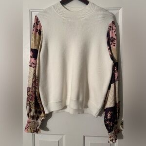 THML Anthro Patchwork Eclectic Grandma LG Sweater Satin Floral Balloon Sleeves